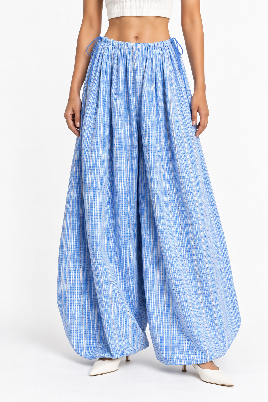 Drawstring Pants - Blue Micro-checks